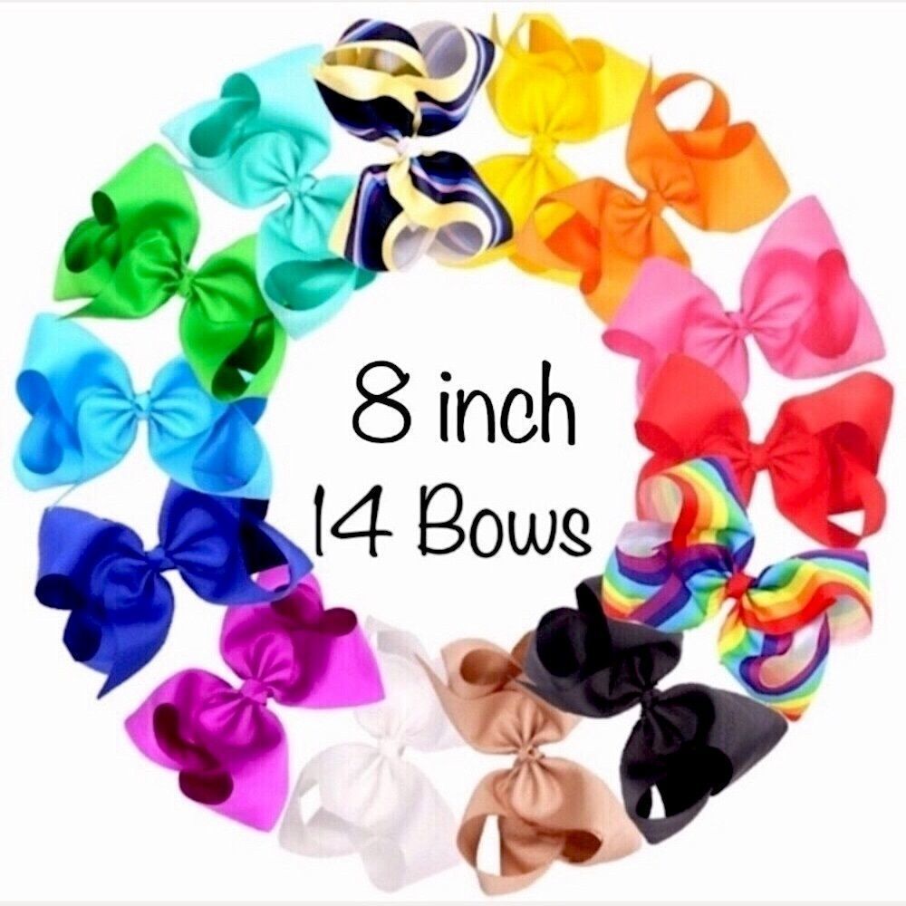 14 Rainbow Color Hair Bows - 8 inch Bows with Alligator Clips